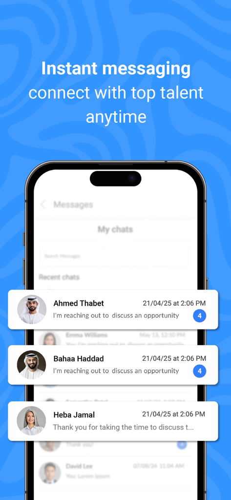 Mobile App-Bildschirm, der die Sofortnachrichtenfunktion zur Kontaktaufnahme mit Kandidaten auf Bayt.com zeigt