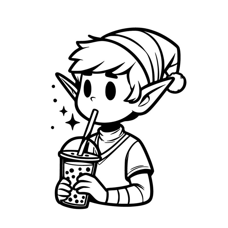 an elf drinking boba