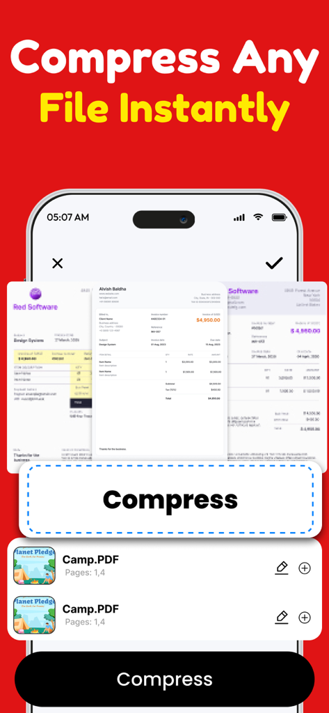 PDF Converter：Scanner & Reader - Interface d'application mobile affichant la fonctionnalité de compression instantanée de fichiers PDF avec aperçus de documents et un bouton de compression.