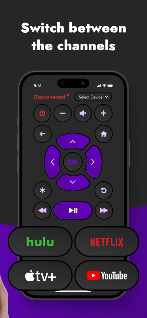 TV Remote for Roku: Smart app - Un smartphone mostrando la interfaz de una aplicación de control remoto de TV con botones de acceso directo para Netflix, Hulu, Apple TV Plus y YouTube