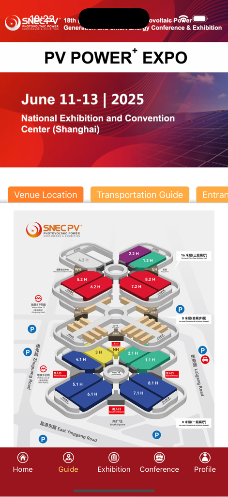 SNEC+ - Interfaccia dell'app SNEC+ che mostra una planimetria 3D dettagliata e una mappa del luogo per la PV Power Expo 2025 a Shanghai
