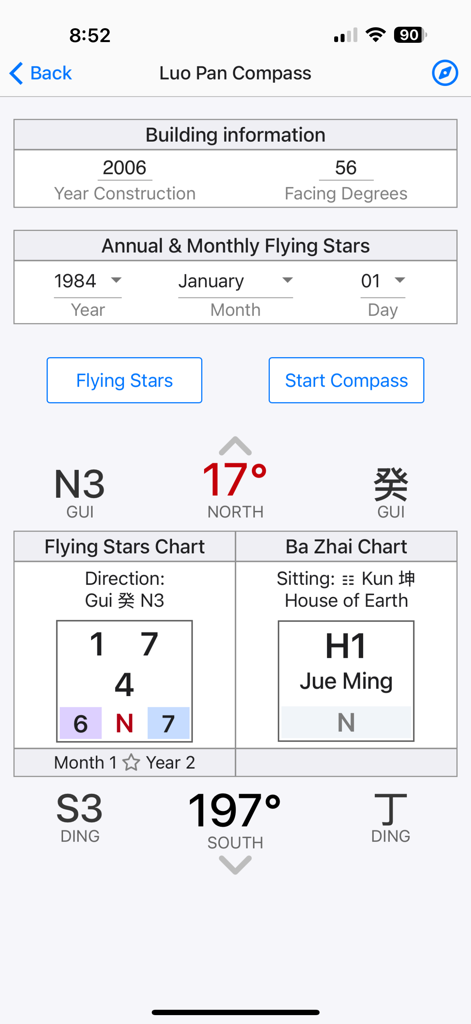 Interface of the Feng Shui Calculator app displaying Luo Pan Compass readings and professional Flying Stars charts.