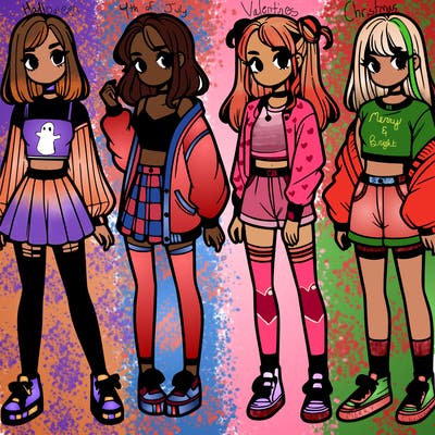 one girl with crop-top shirt and a jacket with a skirt, long socks and another girl with a shirt and pants with a jacket
