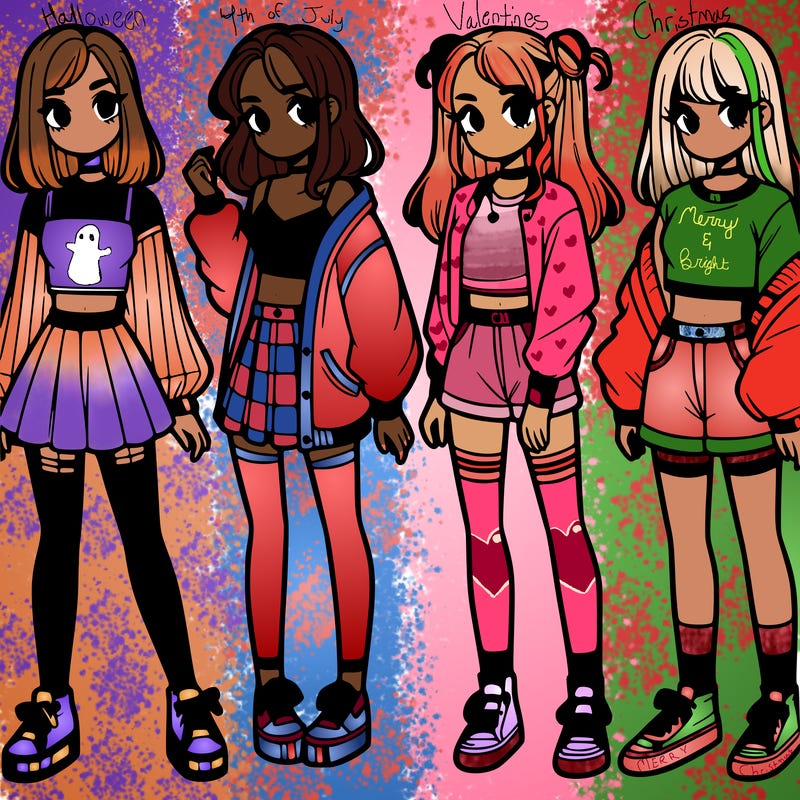 one girl with crop-top shirt and a jacket with a skirt, long socks and another girl with a shirt and pants with a jacket