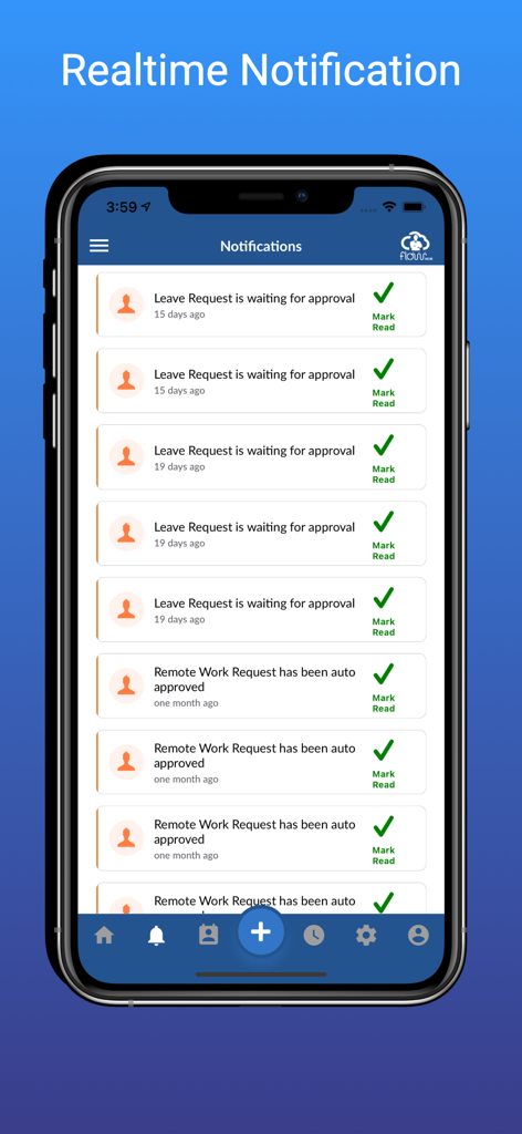 Real-time HR notification screen in the FlowHCM mobile app.