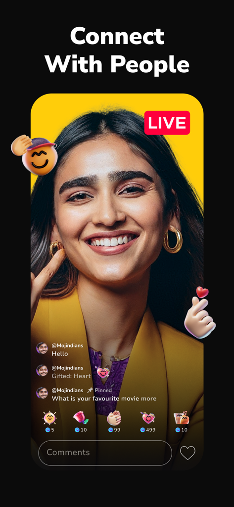 Moj: Video Live & Short Videos - Mojアプリのライブストリーム中に笑顔の女性クリエイター、インタラクティブチャットとデジタルギフトが表示されている。