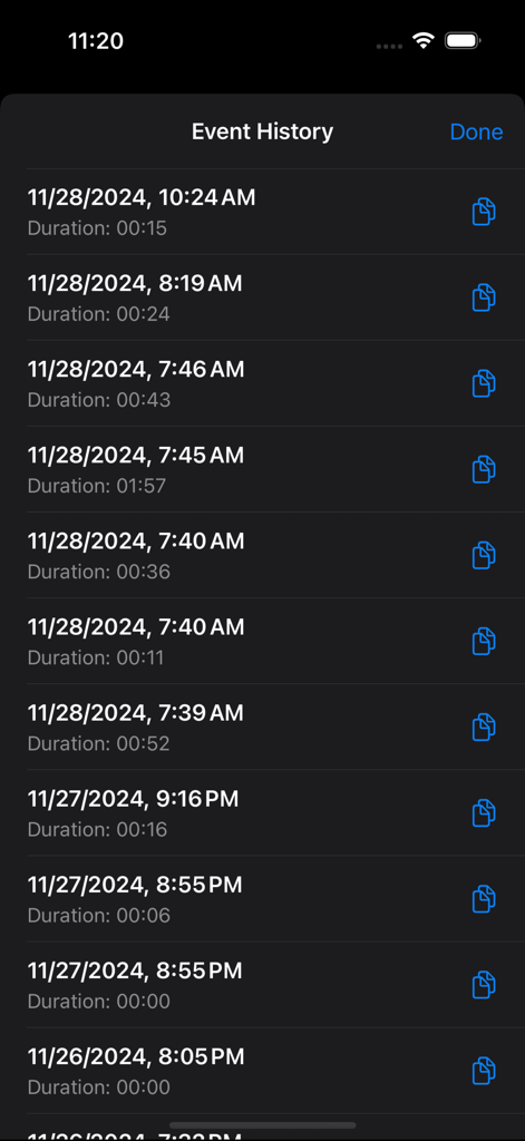 Code Timer Plus - Event history screen of the Code Timer Plus app showing a list of recorded medical simulations with timestamps and durations.