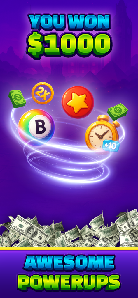 Real Money Bingo - Win Cash - Bingo game screen displaying a 1000 dollar win and various game powerups