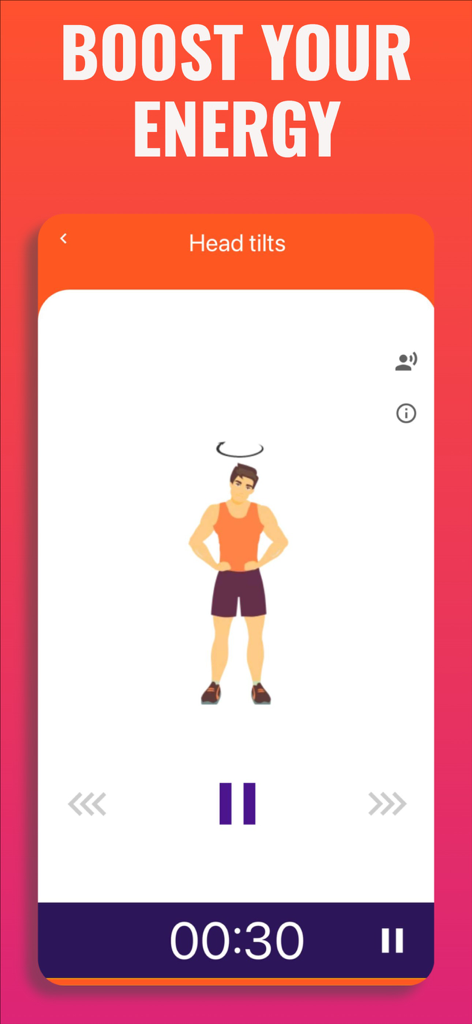 Wake up! Morning exercises - A screen from the Wake up app showing a man performing head tilt exercises with a thirty second timer.