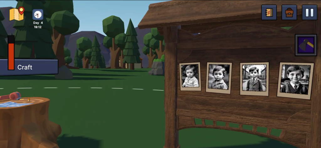 99 Nights In Forest: Survival - A wooden board displaying photos of missing children in a low poly forest survival game.