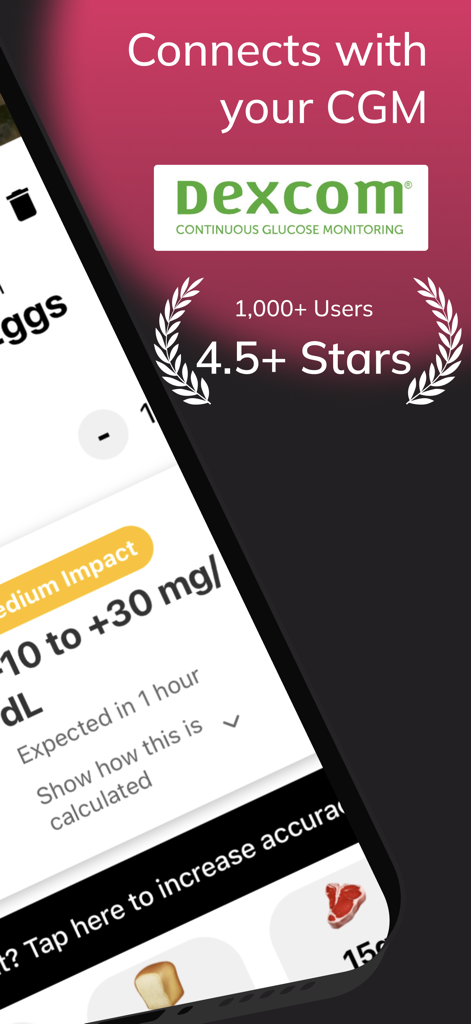 Gluco AI app interface showing Dexcom CGM integration and blood sugar impact prediction for food tracking