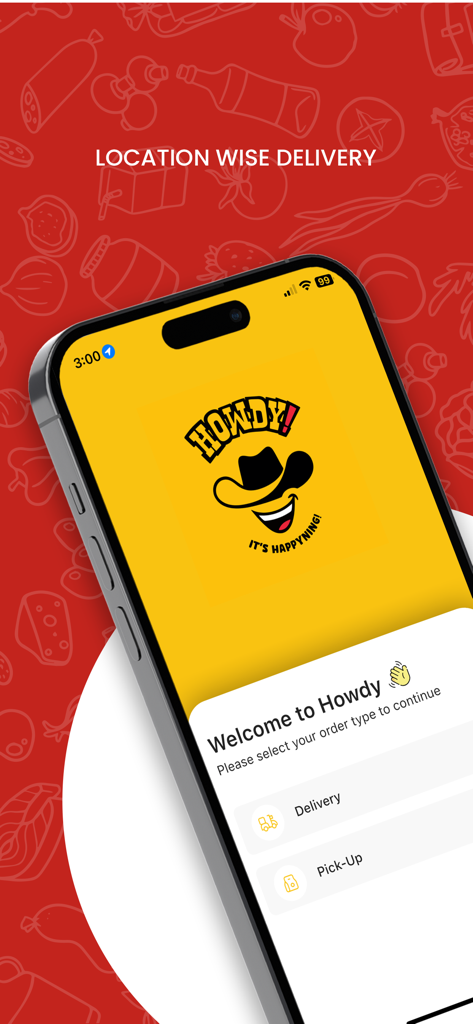 Howdy Pakistan - Pantalla de bienvenida de la app de Howdy Pakistan en un smartphone mostrando opciones de entrega y recogida