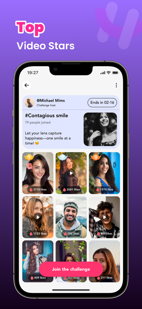 Hugo - Live Video Chat - Hugo app interface displaying a leaderboard of users participating in a video challenge