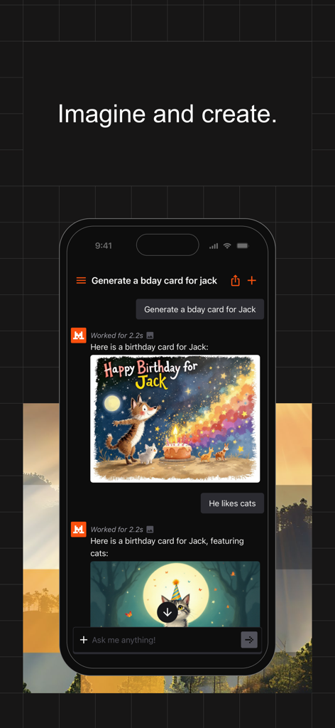 Le Chat by Mistral AI - Le Chat by Mistral AI mobile app interface showing AI image generation and prompt refinement for a birthday card