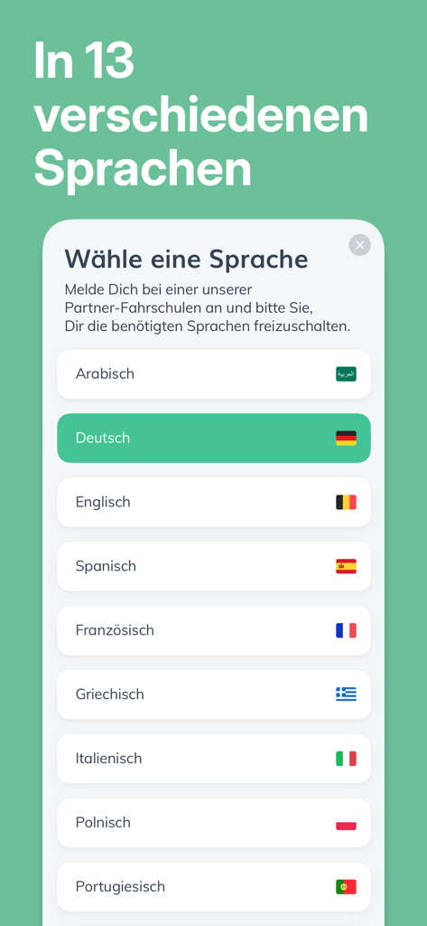 Sprachauswahl-Oberfläche in der ClickClickDrive-App, die dreizehn verfügbare Sprachen anzeigt.