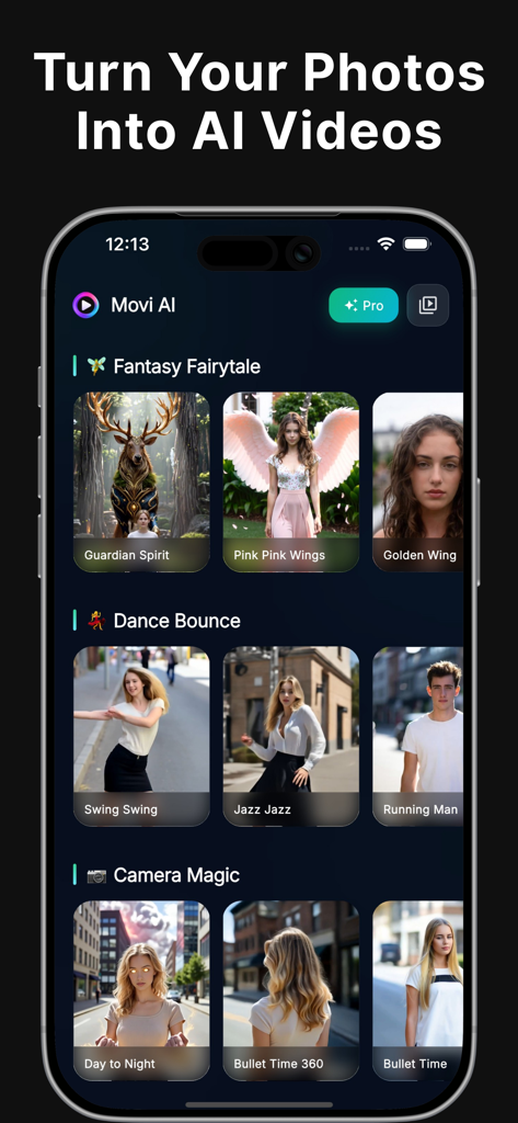 Movi AI app interface showing various video effects categories like Fantasy Fairytale and Dance Bounce to transform photos into AI videos