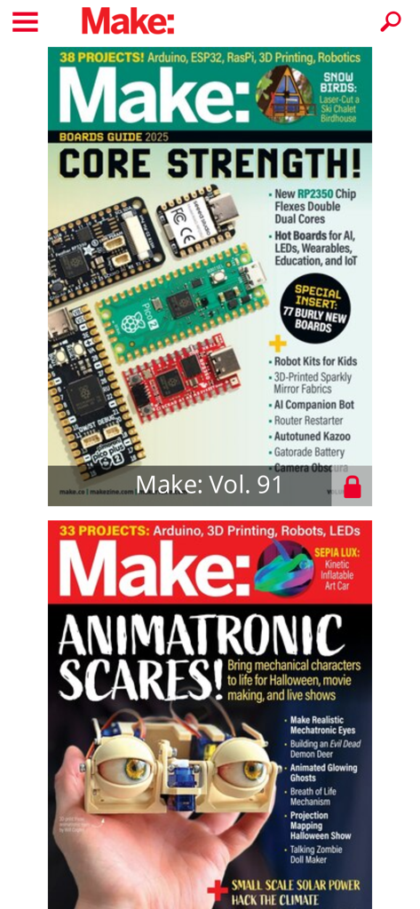 Interfaz de la aplicación Make Magazine que muestra portadas digitales de proyectos de electrónica DIY y animatrónica