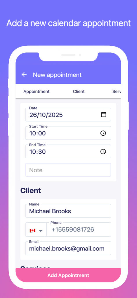 Hair Salon Management - Interfaz para agregar una nueva cita de salón en la aplicación de gestión HairDora que muestra los detalles de contacto del cliente y las franjas horarias programadas