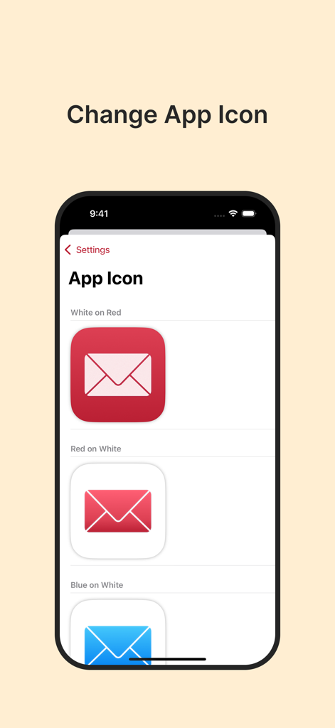 TempBox - Temp Mail - TempBox app settings screen showing various colorful app icon choices
