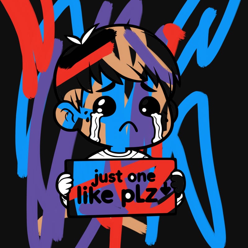 realistic crying boy with a sign saying just one like plz