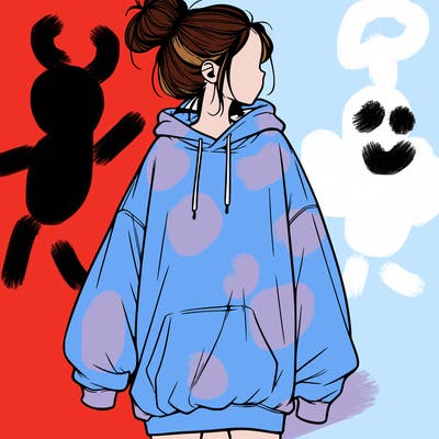realistic girl with a oversized sweatshirt on and a bun