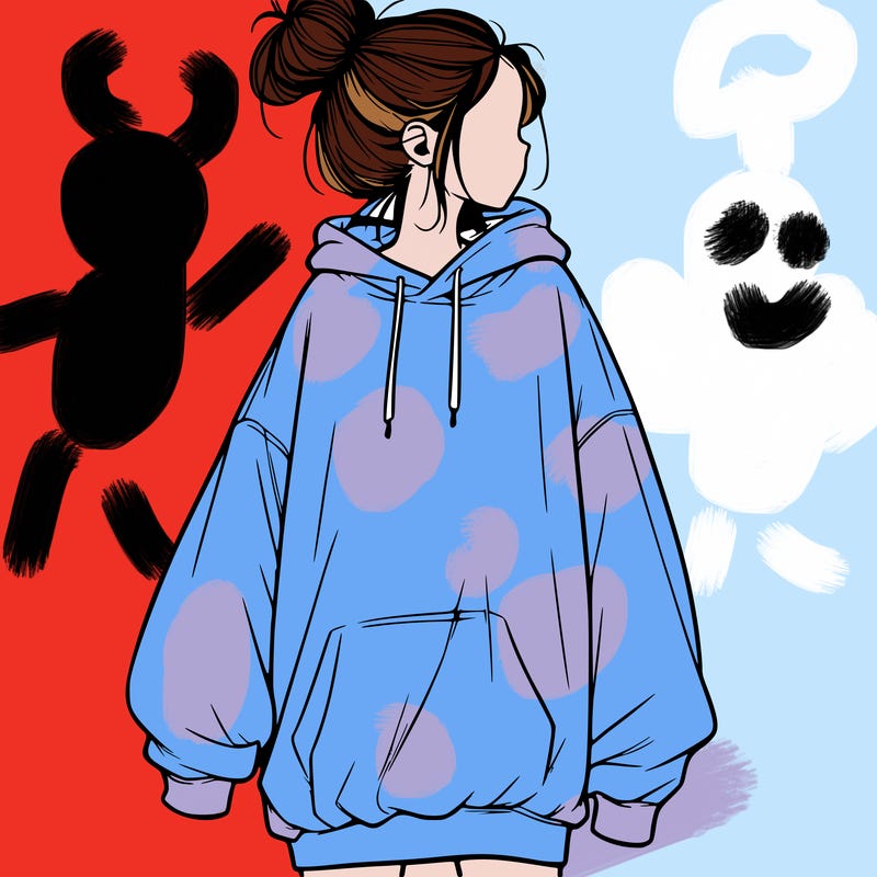 realistic girl with a oversized sweatshirt on and a bun