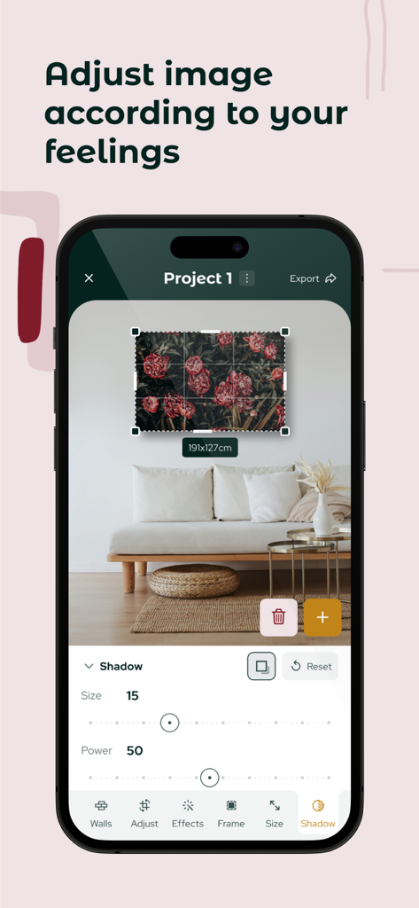 WallPictureApp: Show Anything - Interfaz móvil que muestra controles deslizantes para ajustar las sombras de una maqueta de arte floral en una pared virtual.