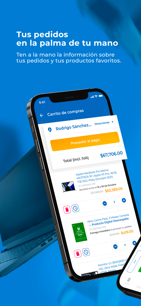 Cyberpuerta app shopping cart interface showing a MacBook and Xbox Game Pass ready for checkout.