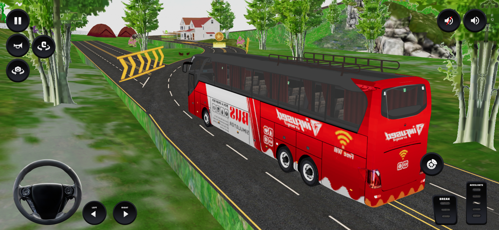 Bus Driving Simulator Game 3D. - A red coach bus driving on a winding 3D road in a bus simulator game with steering wheel and pedal controls.