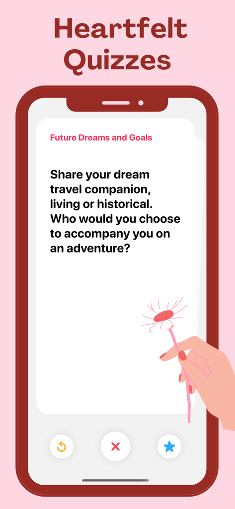 Couple Quiz: Relationship Game - A smartphone showing a relationship quiz question about future dreams and travel companions from the Couple Quiz app.