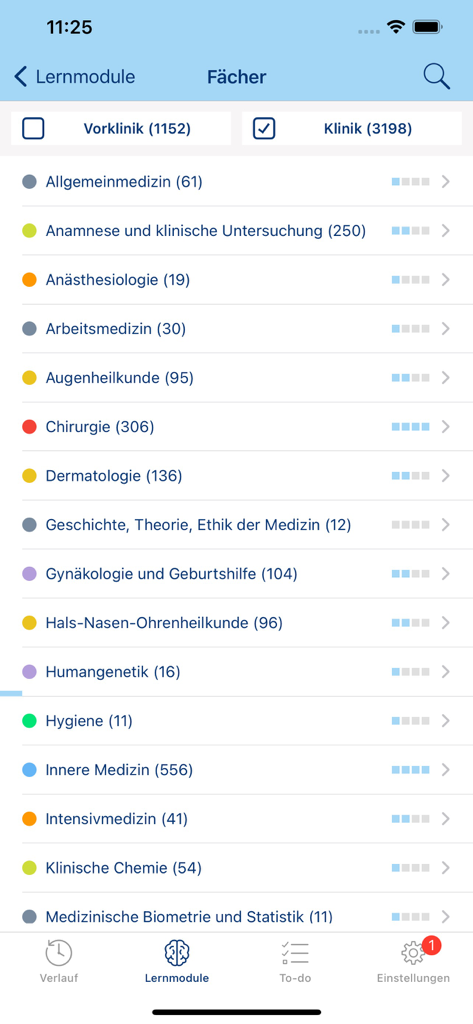 via medici WISSEN TO GO - Interface do aplicativo via medici mostrando uma lista de matérias médicas para módulos de estudo clínico