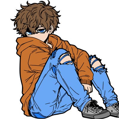 a male hoddie ripped jeans messy hair anime
