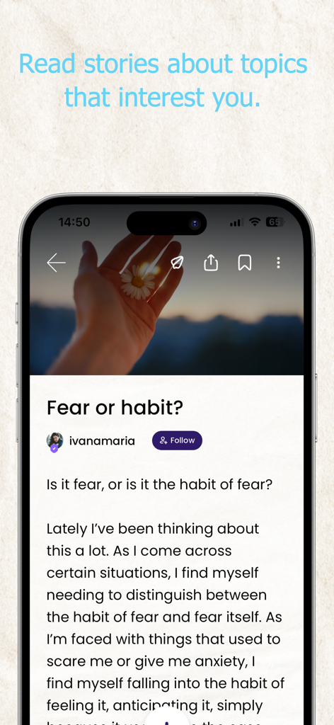 Storyplace app interface displaying a personal journal entry titled Fear or habit