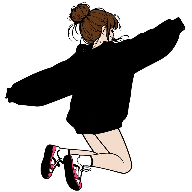 realistic girl jumping with a bun and oversized sweatshirt
