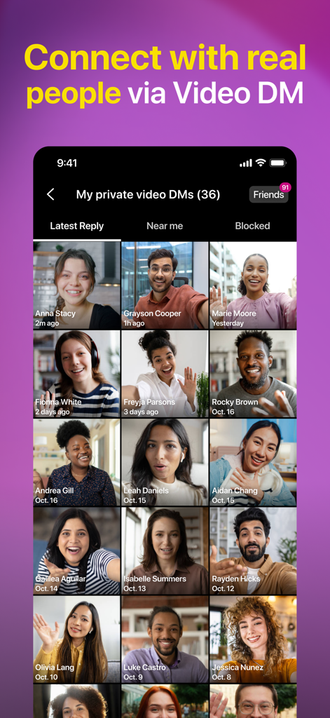 lit.it - Short Video App - The private video direct messages screen of the lit.it app showing a grid of user profiles