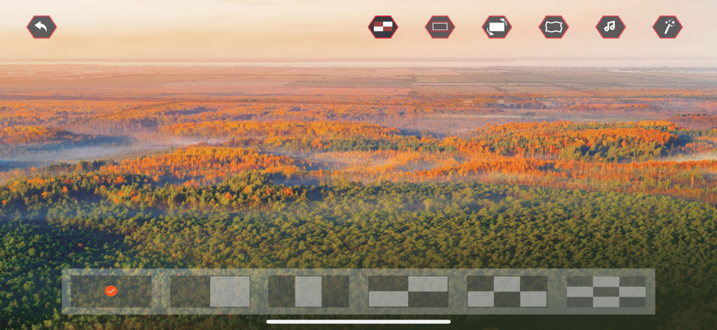 Elite Drone - Elite Drone app interface displaying a scenic aerial view of an autumn forest with editing and control icons