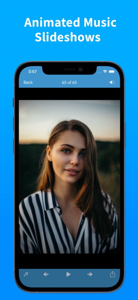 Photo Album Private Manager - A smartphone screen displaying the Animated Music Slideshows feature of the Photo Album Private Manager app with a portrait of a woman.