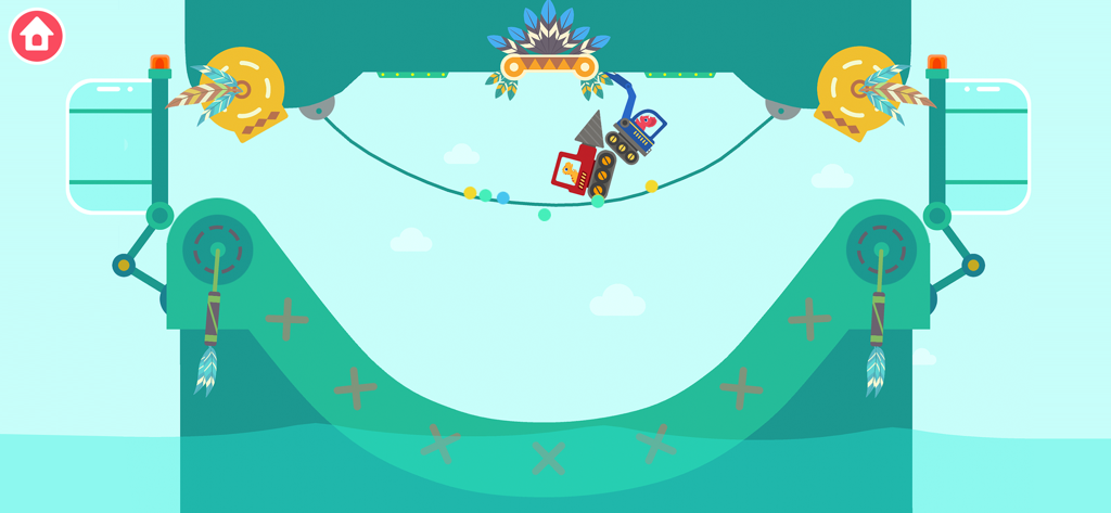 Personnages de dinosaures dans des petites voitures colorées sur une piste dans un niveau à thème tribal.