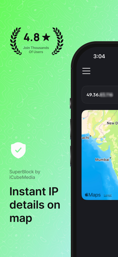 SuperBlock app screen displaying an instant IP details tool with a map view and a 4.8-star user rating.