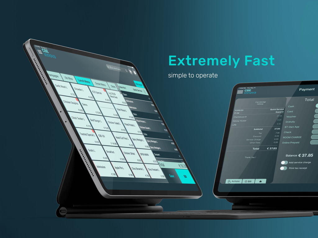 Interfaz de software TPV en la nube CBE Innova para iPad que muestra una cuadrícula de menú de restaurante y una pantalla de pago