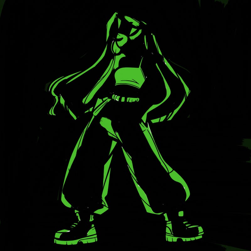 girl in baggy pants crop top and long hair