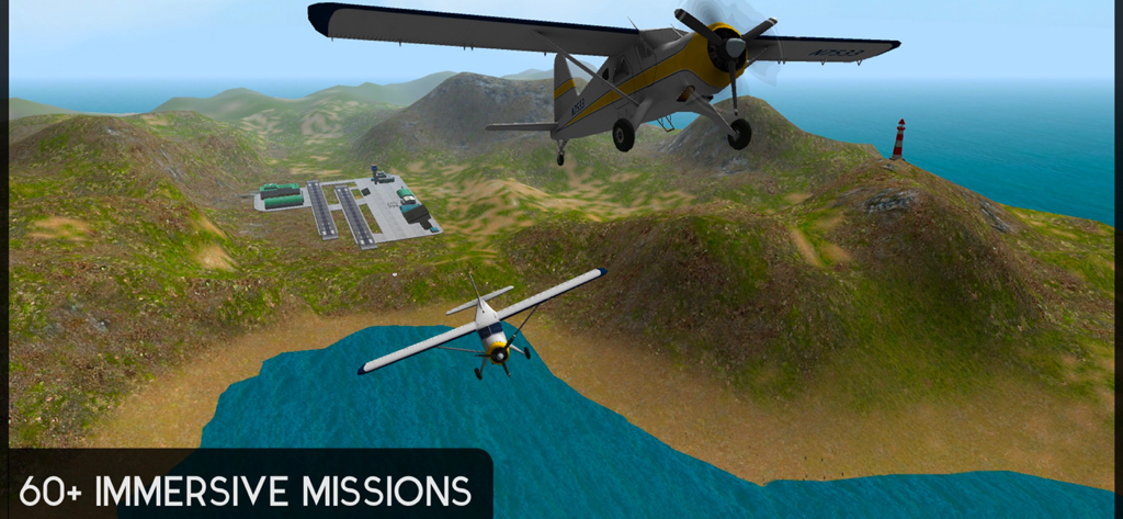 Avion Flight Simulator ™ - Two propeller planes flying over a hilly island near an airport in Avion Flight Simulator