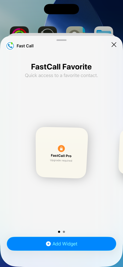 Fast Calls - Écran iPhone pour ajouter un widget de contact favori Fast Call avec une option de mise à niveau pro.