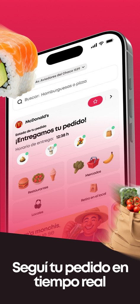 Monchis - Delivery App - スマートフォンにリアルタイム注文追跡とさまざまなサービスカテゴリが表示されているMonchisデリバリーアプリのインターフェース。