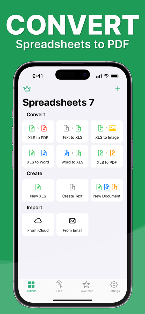 Spreadsheets - The Spreadsheets 7 app interface displaying file conversion and creation tools for XLS PDF and Word documents