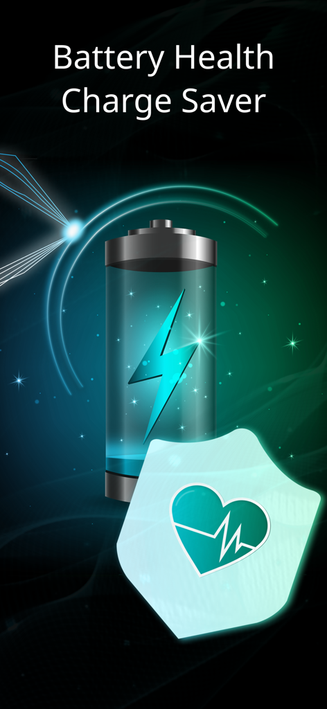 Battery Health - Charge Saver - Battery Health Charge Saver app splash screen with a glowing battery and a health protection shield.