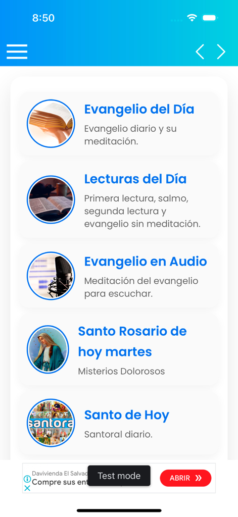 Evangelio del dia Explicado - Menu principale dell'app Evangelio del giorno Spiegato che mostra le opzioni per le letture del Vangelo quotidiano, meditazioni audio, il Santo Rosario e il Santo del Giorno.
