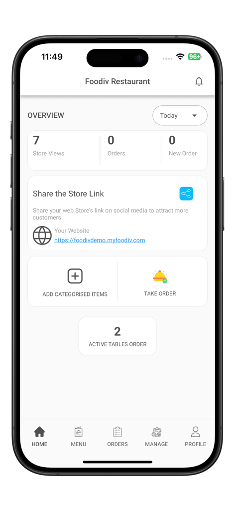 Foodiv restaurant owner dashboard showing store views and order statistics