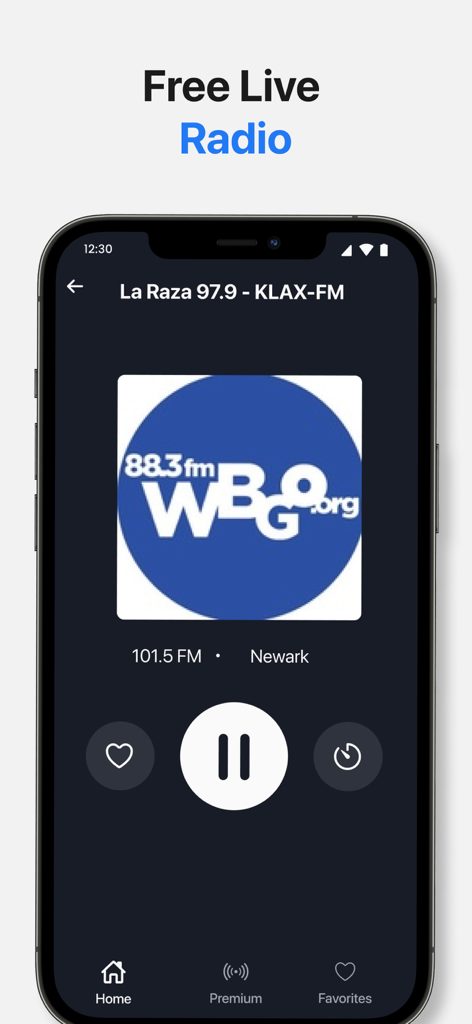 Mobile phone screen displaying the live radio player interface of the Radio App