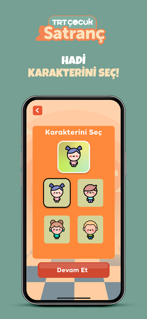 TRT Çocuk Satranç-Hamle Ustası - Character selection screen for TRT Cocuk Satranc kids chess app showing cute child avatars